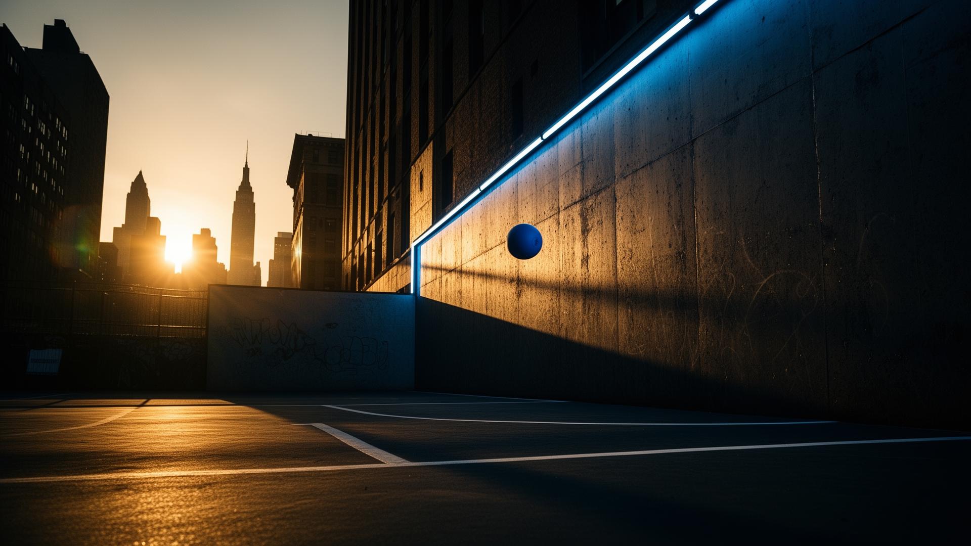 NYC one-wall handball court at dusk